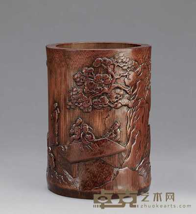 清 竹雕山水人物笔筒 14.5cm